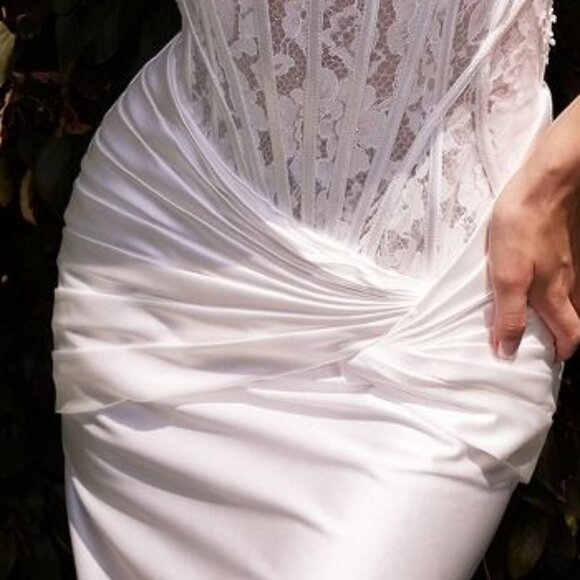 NEW WEDDING SLEEVELESS STRAPLESS SHEATH LONG SATIN DRESS W/ SHEER BODICE CD797W - Picture 7 of 13